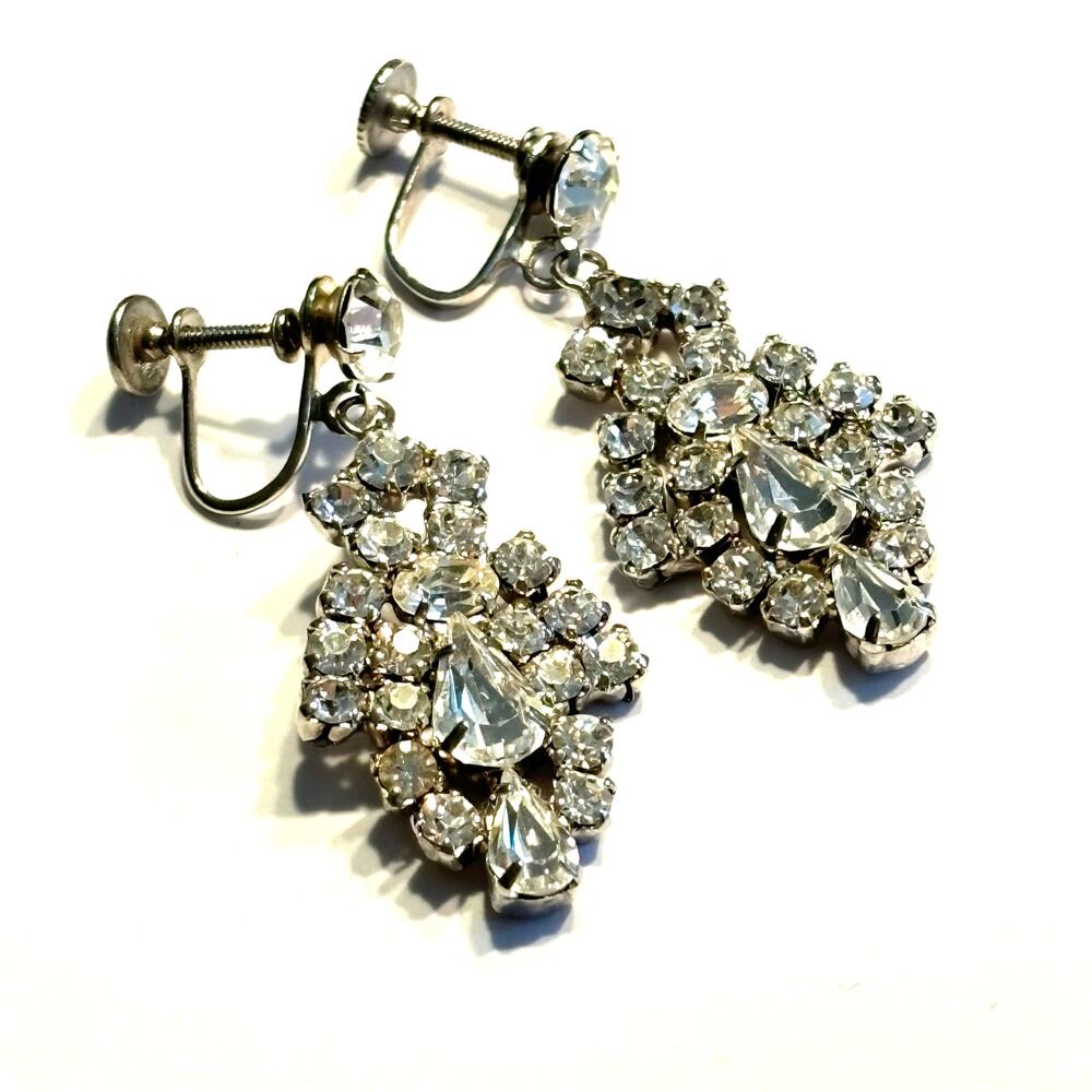 Vintage screw back earrings dramatic silver & clear crystal drop & dangle style